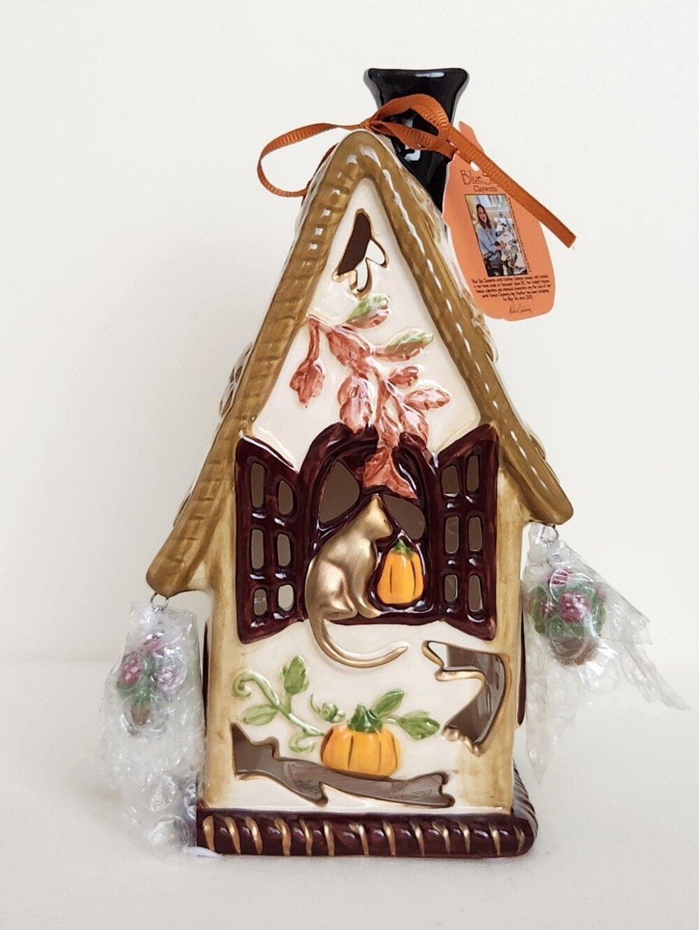 Blue Sky Clayworks Cottage with Cat in Window Hanging Plants Tealight House